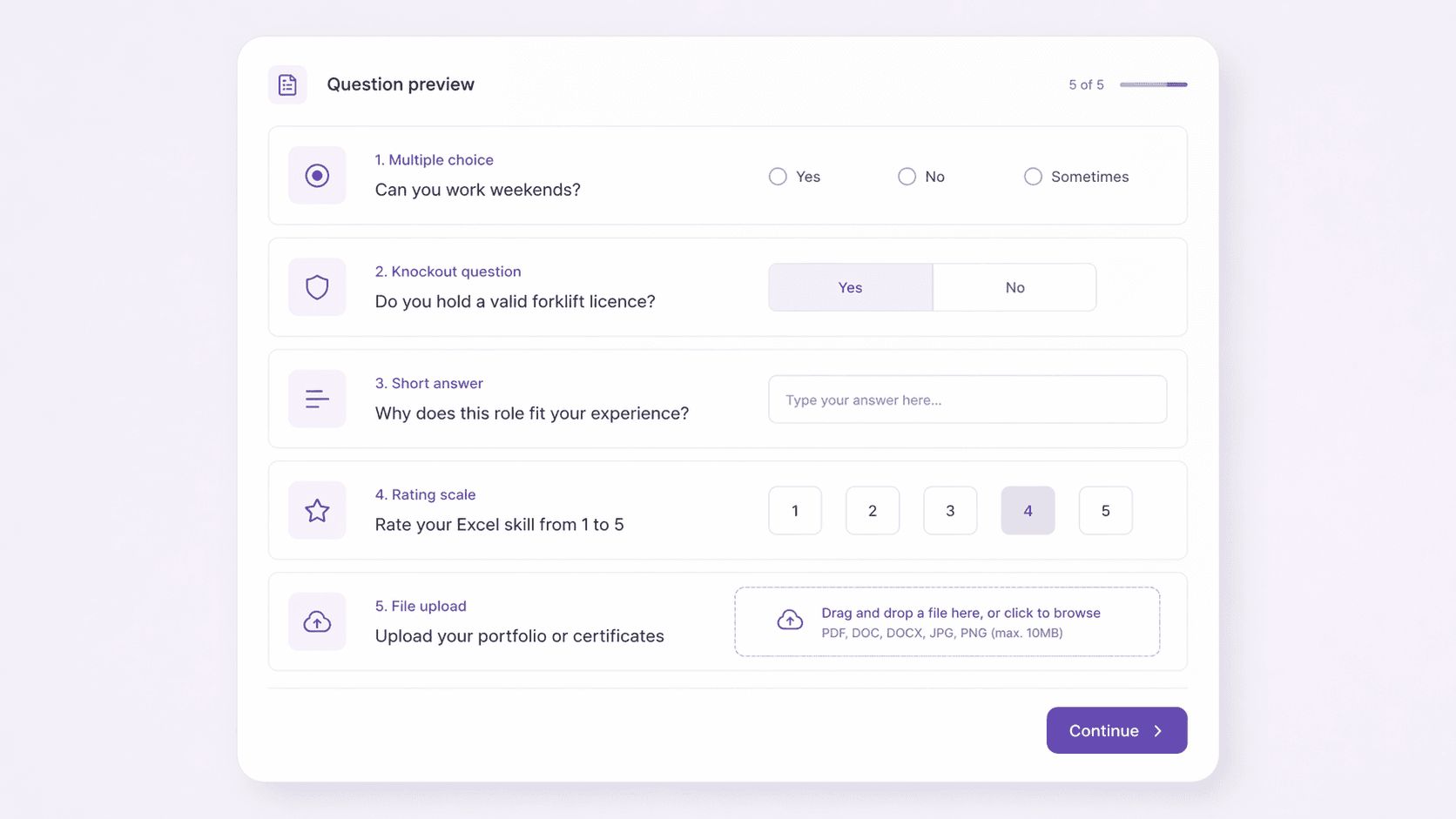 Pre-qualification form builder with multiple choice, knockout, short answer, rating scale, and file upload question types